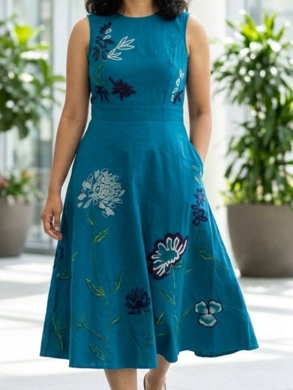 Wayward Fancies Teal Embroidered Floral Cotton Midi Dress Size M 8